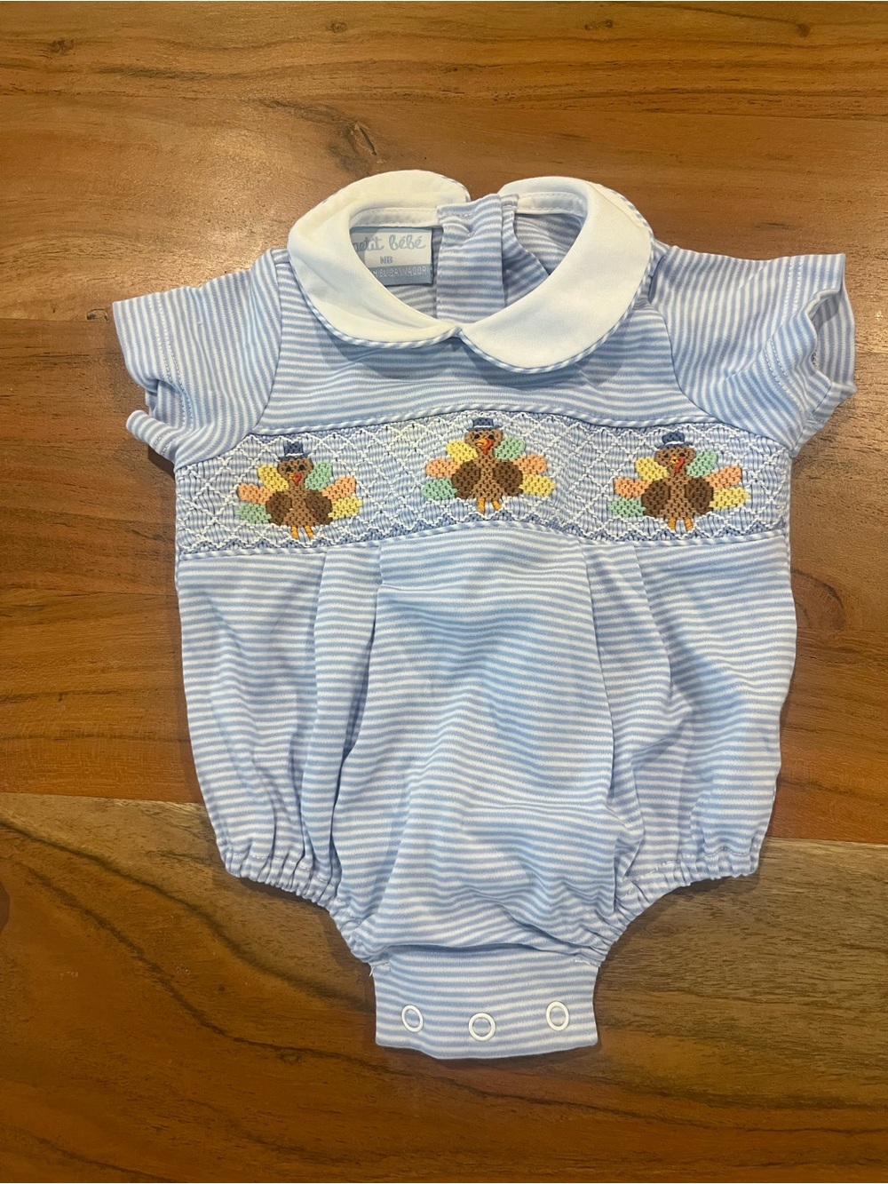 Light Blue Striped Smocked Turkey Baby One-Piece with White Peter Pan Collar